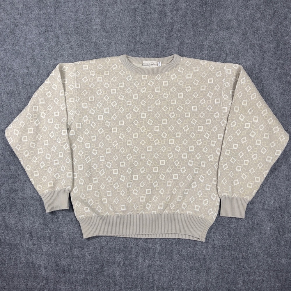 Vintage Tricots St. Raphael Sweater Mens Large Beige Geometric Knit Made in USA